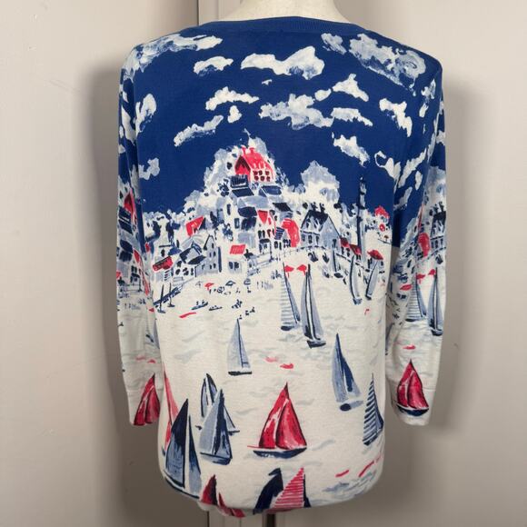 Talbots Sailboat Regatta Cardigan Sweater Cotton Knit Nautical Island Coastal M - Picture 2 of 6